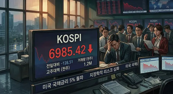 미국 국채금리 5% 쇼크 및 지정학적 리스크 속 코스피 7000선 후퇴